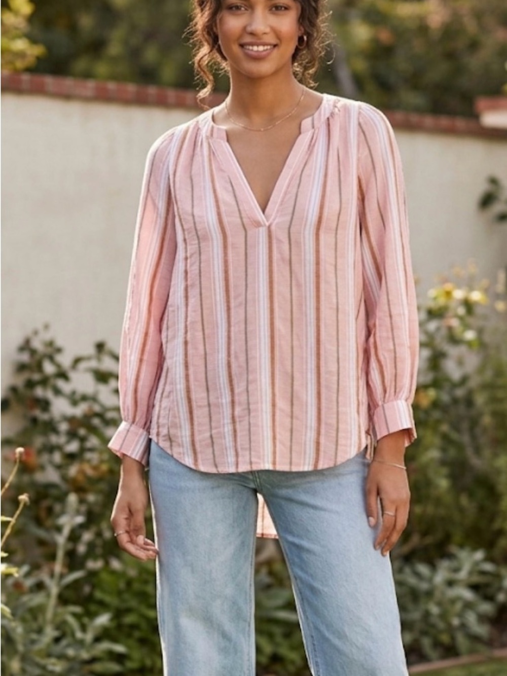 Anthropologie Maeve Pink Striped V-Neck Blouse Top XS EUC